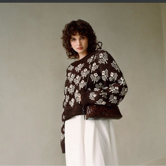 Loeffler Randall Brown and White Floral Crewneck Sweater